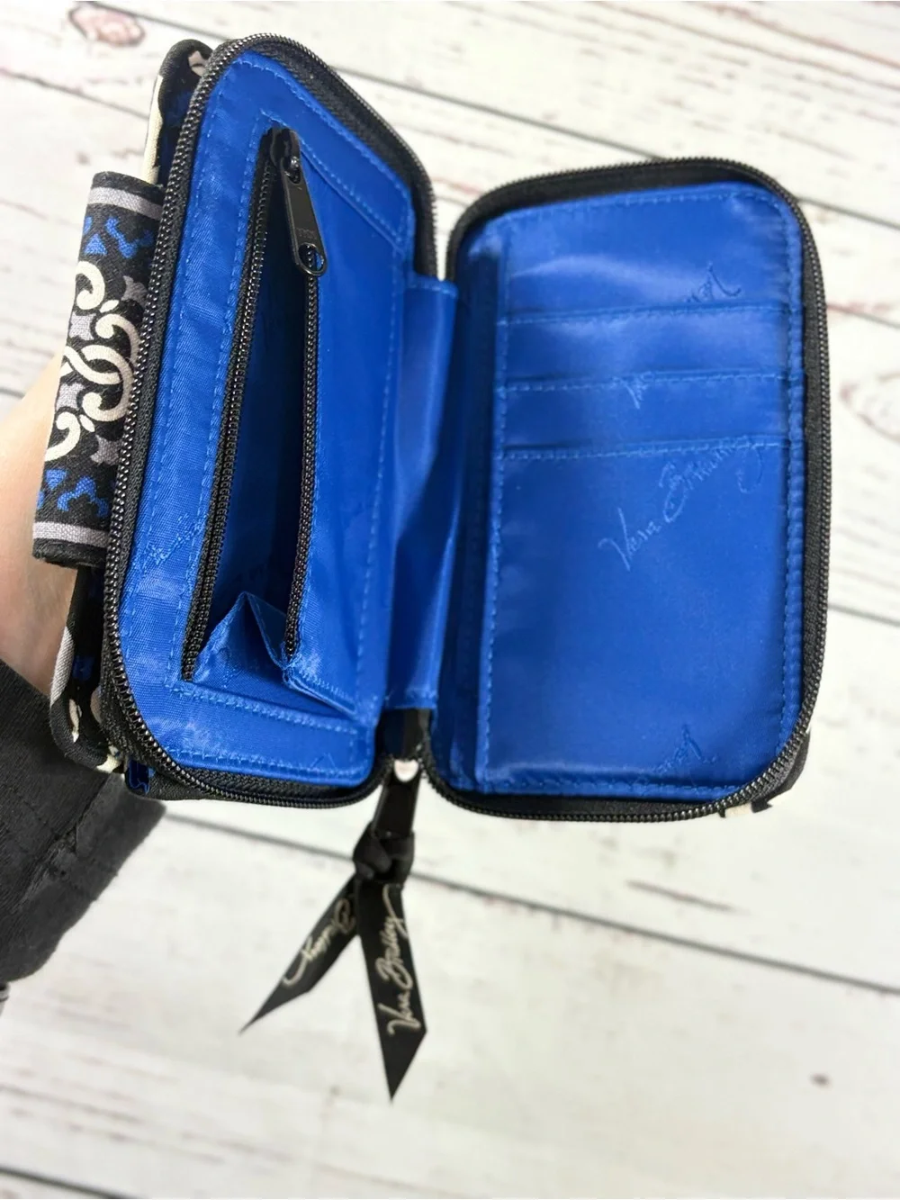 Retired Vera Bradley Canterberry Black and Blue Wrist Wallet and ID Holder